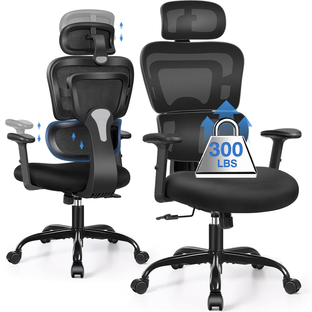 Ergonomic High Back Office Chair with Lumbar Support, Breathable Mesh, and Comfortable Foam Cushion, Supports Up to 300 lbs, Black