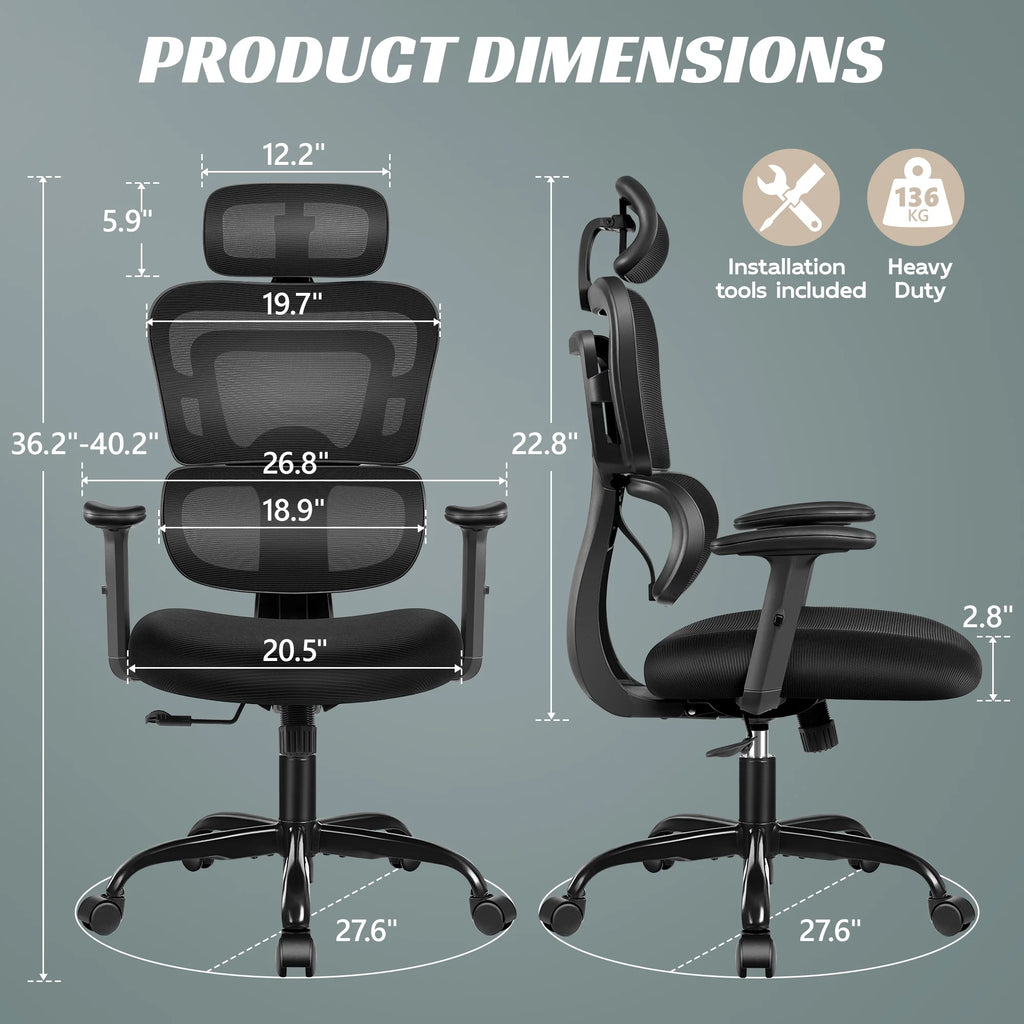 Ergonomic High Back Office Chair with Lumbar Support, Breathable Mesh, and Comfortable Foam Cushion, Supports Up to 300 lbs, Black