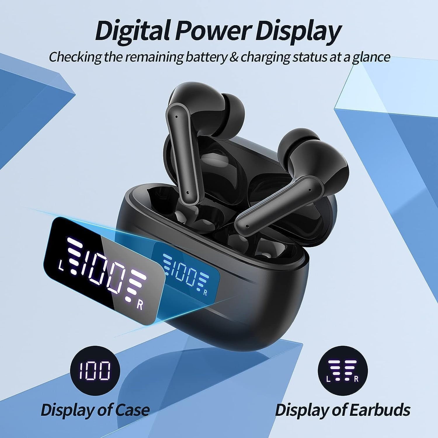 Wireless Bluetooth Earbuds with 76 Hours Playback, Noise Cancellation, Clear Call Quality, Power Display, Portable Charging Case, Lightweight, IPX7 Waterproof for Android and iOS