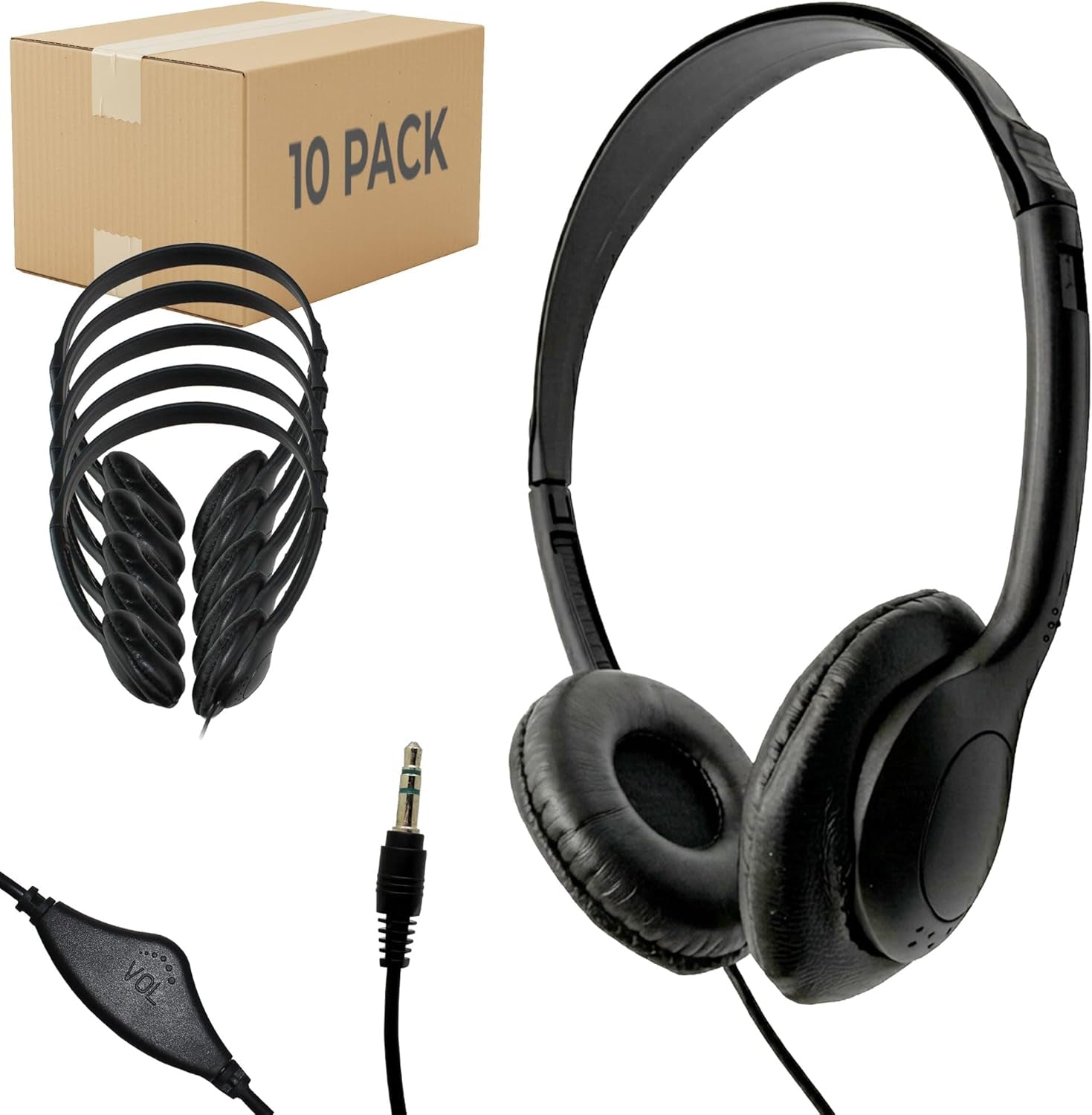 SNCCV Bulk Classroom Headphones 10 Pack – Stereo Headphones with Leatherette Earpads & Volume Control, Black – Ideal for Schools