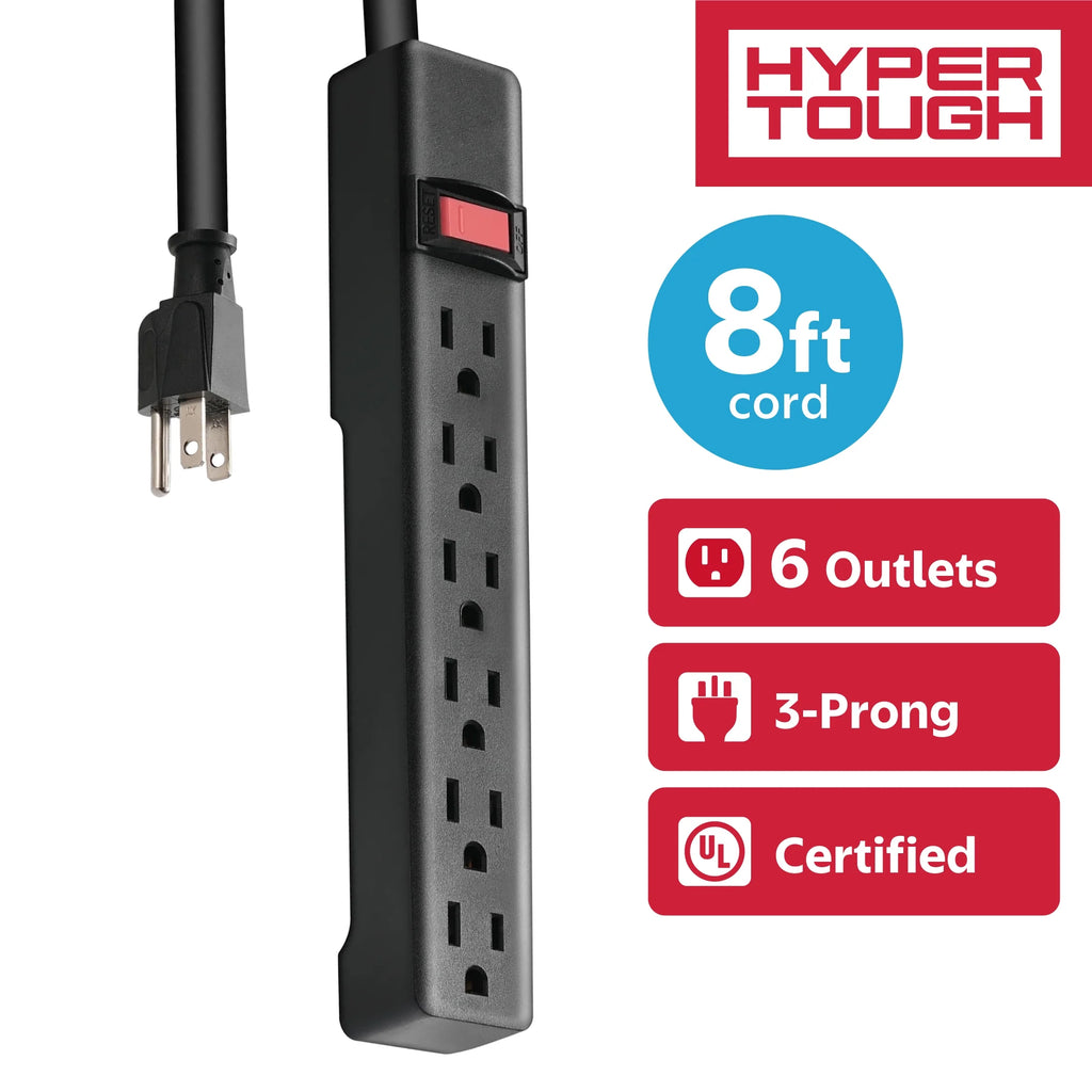 6-Outlet Indoor Power Strip with 8 Ft Extension Cord, ETL Certified, Black