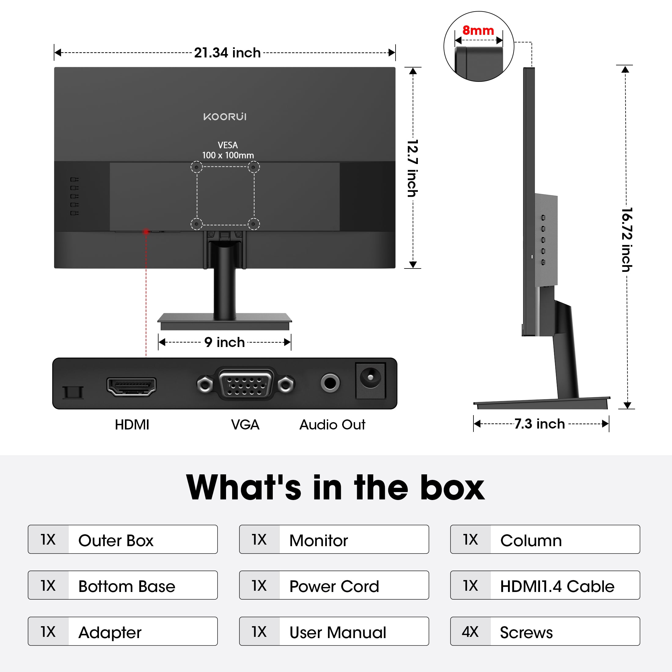 24'' FHD 1920×1080P Computer Monitor, 100Hz PC Monitor, HDMI&VGA VESA, E2412F