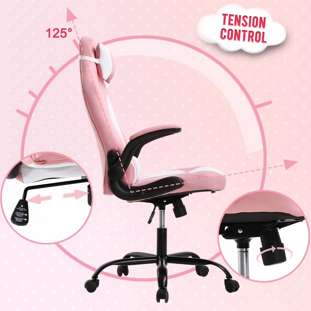 Massage Gaming Chair - Ergonomic PU Leather , Lumbar Support Office Chair for Girls，Pink