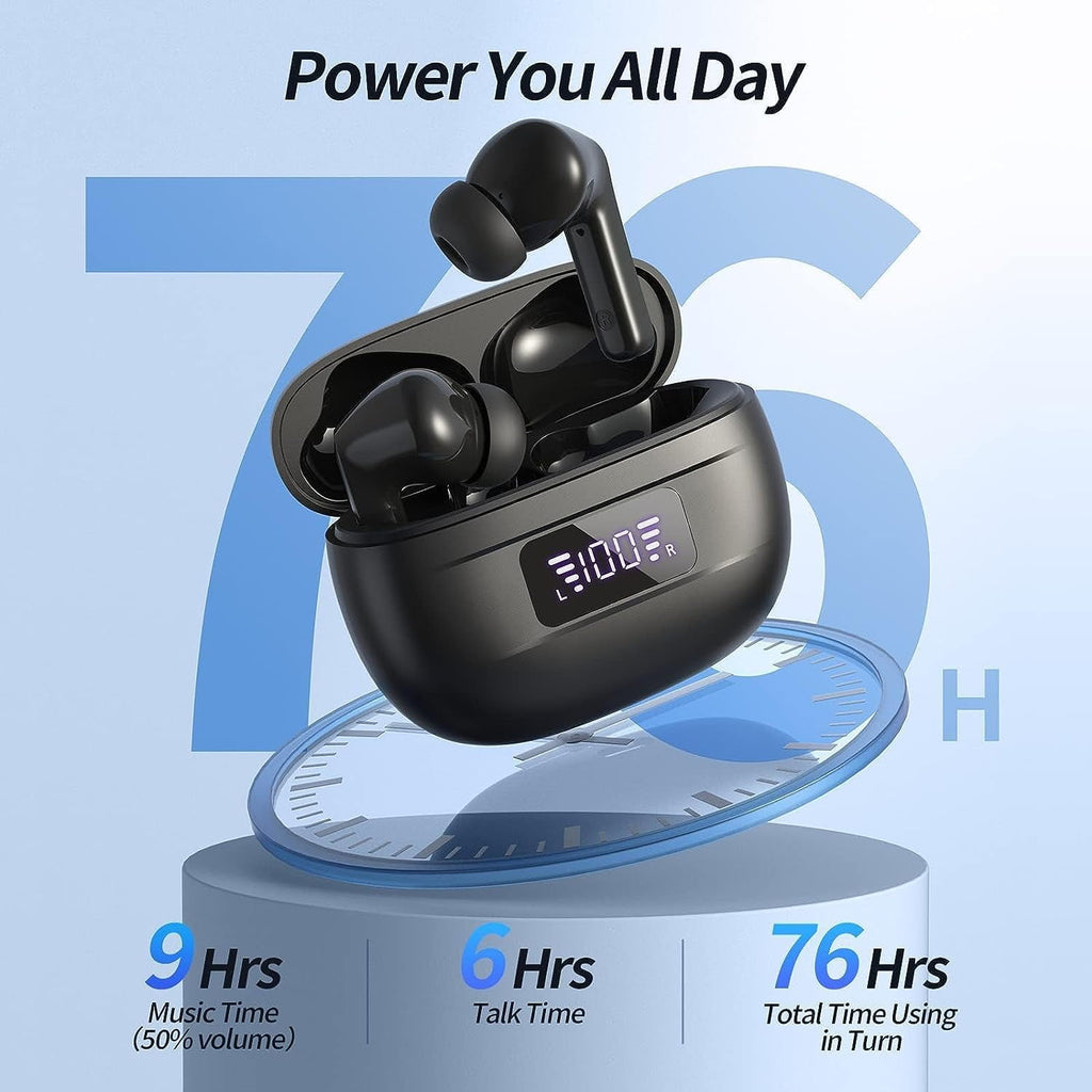 Wireless Bluetooth Earbuds with 76 Hours Playback, Noise Cancellation, Clear Call Quality, Power Display, Portable Charging Case, Lightweight, IPX7 Waterproof for Android and iOS