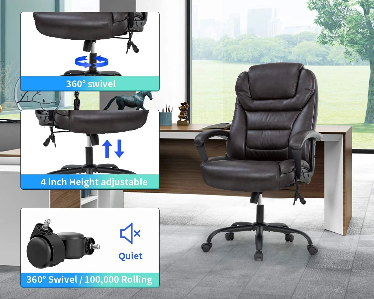 Big and Tall Office Chair, Lumbar Support, Rolling Swivel for Men, Women(Brown)