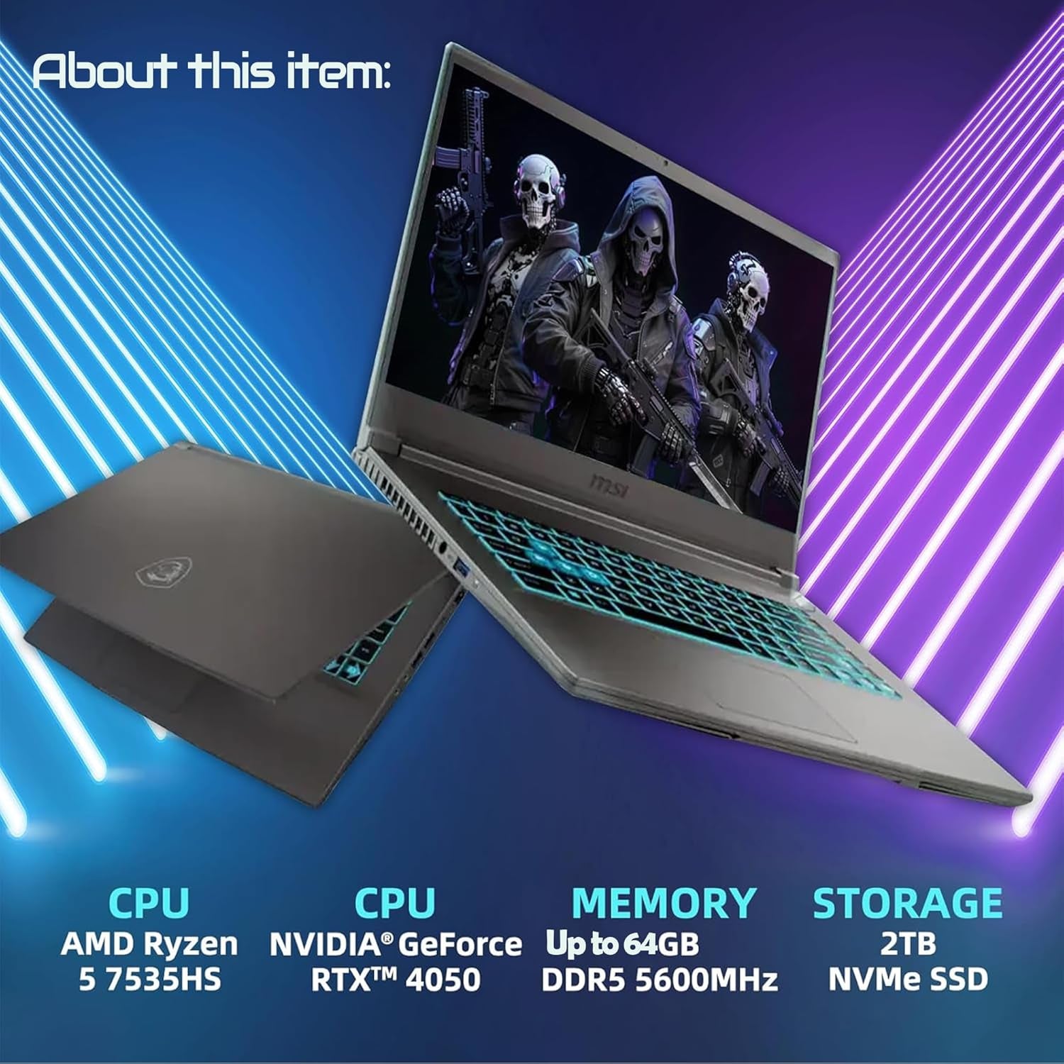 15.6" Thin A15 Gaming Laptop, Full HD Display, NVIDIA Geforce RTX 4050, AMD Ryzen 5 7535HS, Wi-Fi 6, Backlit Keyboard, Webcam, Bluetooth, Windows 11 Pro, Black (16GB RAM & 1TB SSD)