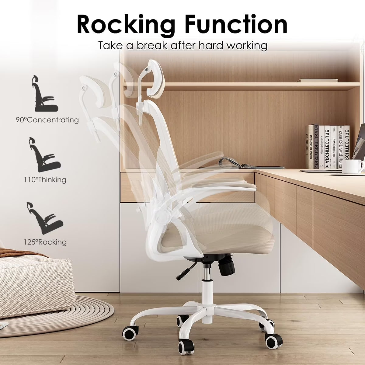 Ergonomic Office Chair, Home Office Desk Chair with Headrest, High Back Computer Chair with Armrests and Adjustable Lumbar Support for Home Office Study Bedroom, White & Khaki