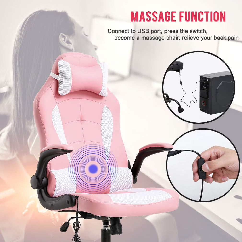 Massage Gaming Chair - Ergonomic PU Leather , Lumbar Support Office Chair for Girls，Pink