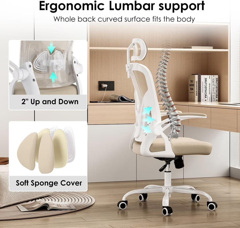 Ergonomic Office Chair, Home Office Desk Chair with Headrest, High Back Computer Chair with Armrests and Adjustable Lumbar Support for Home Office Study Bedroom, White & Khaki
