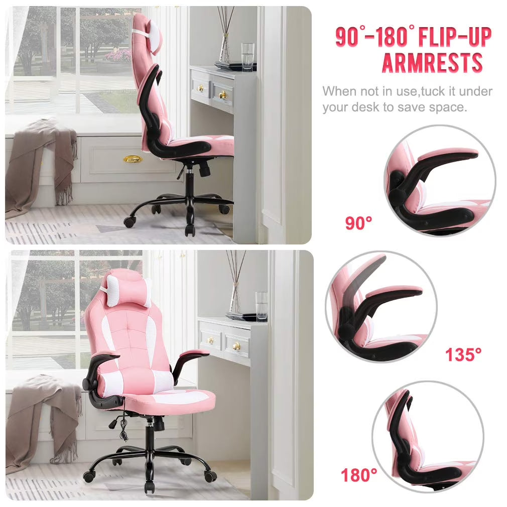 Massage Gaming Chair - Ergonomic PU Leather , Lumbar Support Office Chair for Girls，Pink