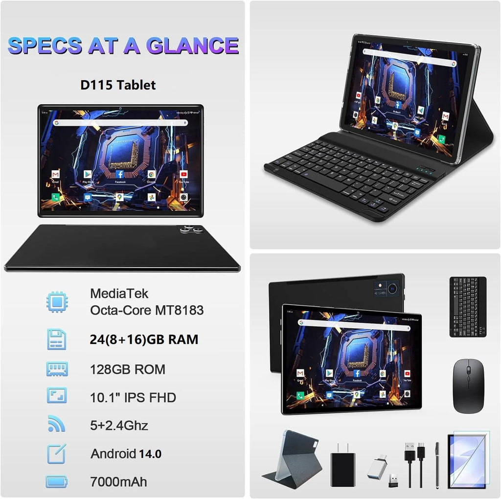 Tablet Android 14 Tablet,128Gb ROM+24GB RAM (8+16Virtual)+1Tb TF Expand,10 Inch Android Tablet with Keyboard,5G Wifi Tablet,Octa-Core Processor,13Mp+8Mp Camera,Bluetooth,Gps,Fhd Display,2 in 1 Tablet