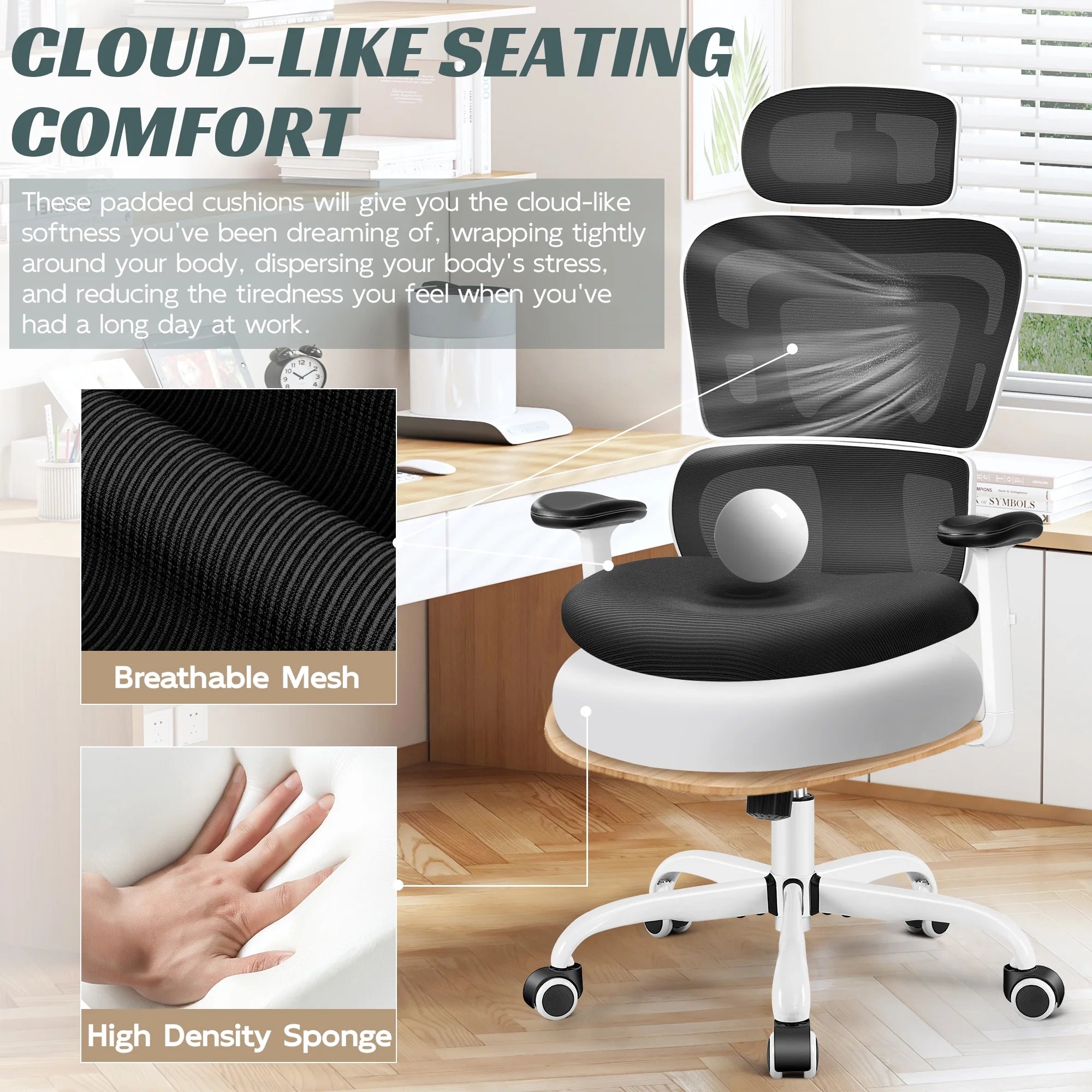 Ergonomic Office Chair, High Back Desk Chair, Breathable Mesh Computer Chair with Lumbar Support, Comfy Foam Cushion Home Office Chair, 300Lbs, White