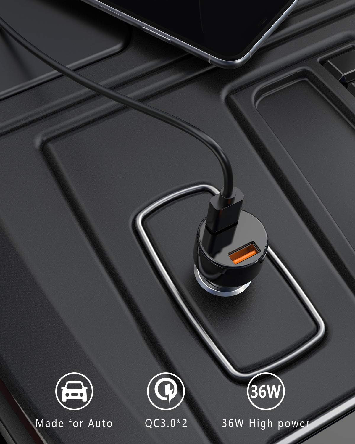 Car Charger, Mini 36W Dual USB QC 3.0 Ports Fast Car Charger Adapter Compatible with Samsung Note 9/Galaxy S10/S9/S8, Black