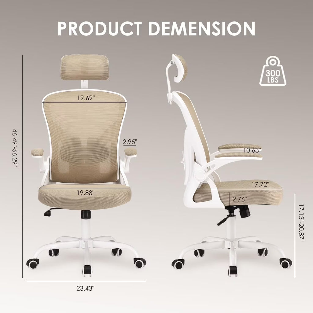 Ergonomic Office Chair, Home Office Desk Chair with Headrest, High Back Computer Chair with Armrests and Adjustable Lumbar Support for Home Office Study Bedroom, White & Khaki
