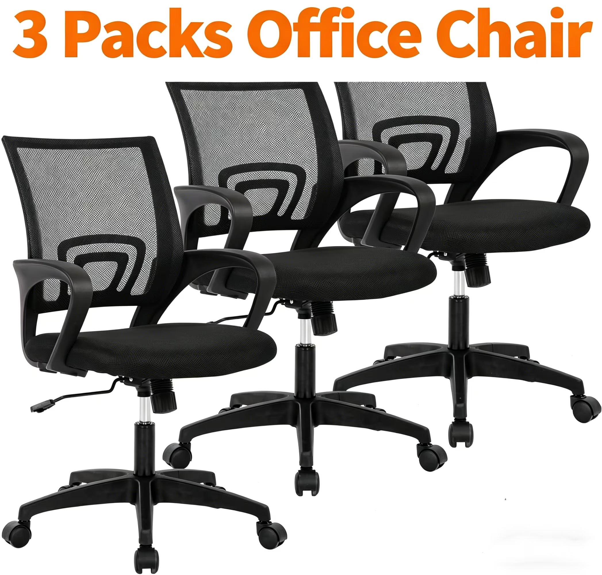 Mesh Office Chair Set of 3, Mid-Back Home Office Chair Adjustable Ergonomic Desk Chair (3 Pack， Black）