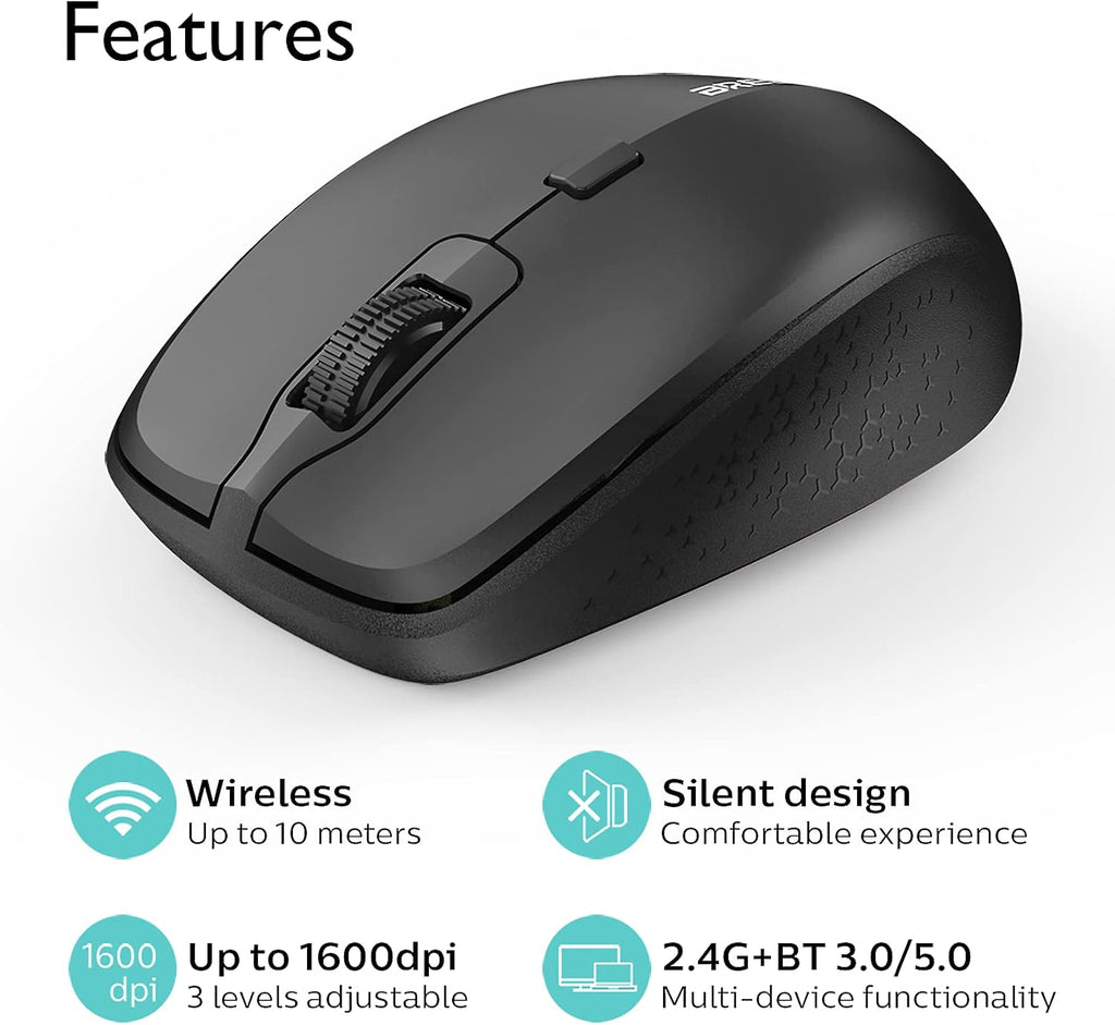 Ergonomic Bluetooth Mouse and Mouse Pad for Laptop, Silent Mouse with 3-Levels DPI, USB Nano Receiver for Android PC Notebook Computer Mac-Black