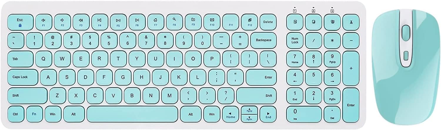 Wireless Keyboard and Mouse Combo, Ultra Thin Quiet Portable Wireless Keyboard and 2.4Ghz Wireless Mouse with Nano USB Receiver for Windows Laptop PC Notebook (White(Blue Keys))