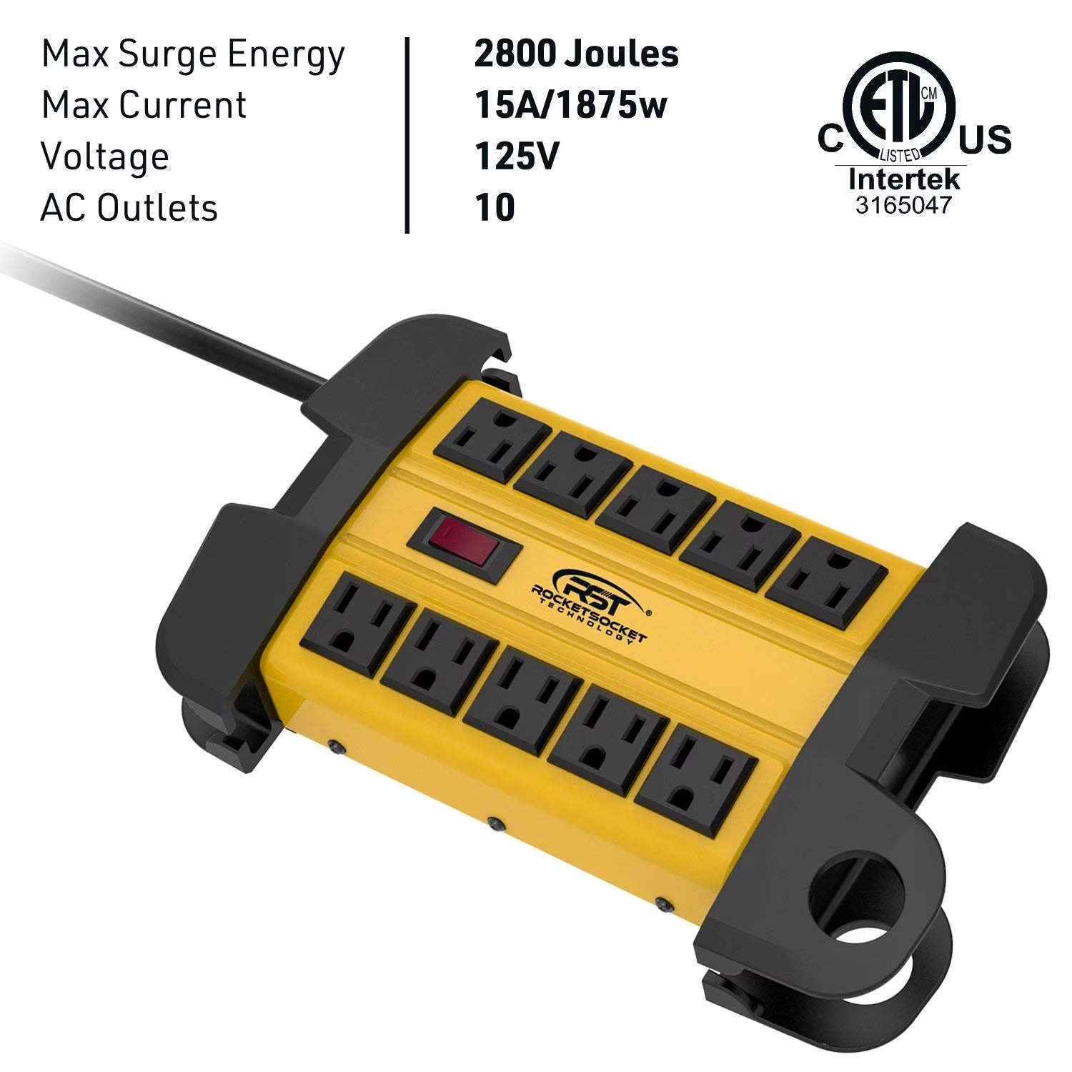 10 Outlets Metal Power Strip Heavy Duty Surge Protector 2800 Joules with 15FT Long Extension Cord for Workshop Office Garage Kitchen, ETL Listed
