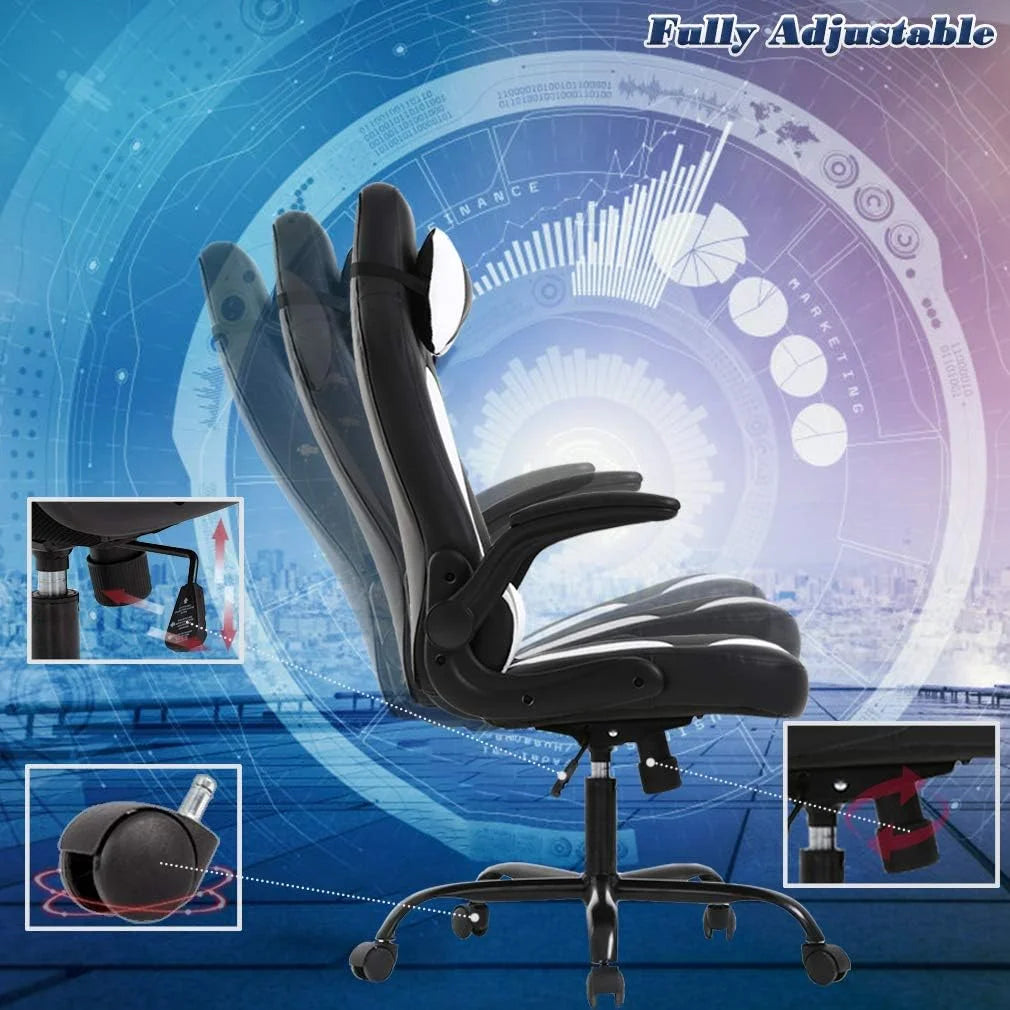 PU Leather Gaming Office Chair , Massage & Lumbar Support Desk Chair for Adults, White