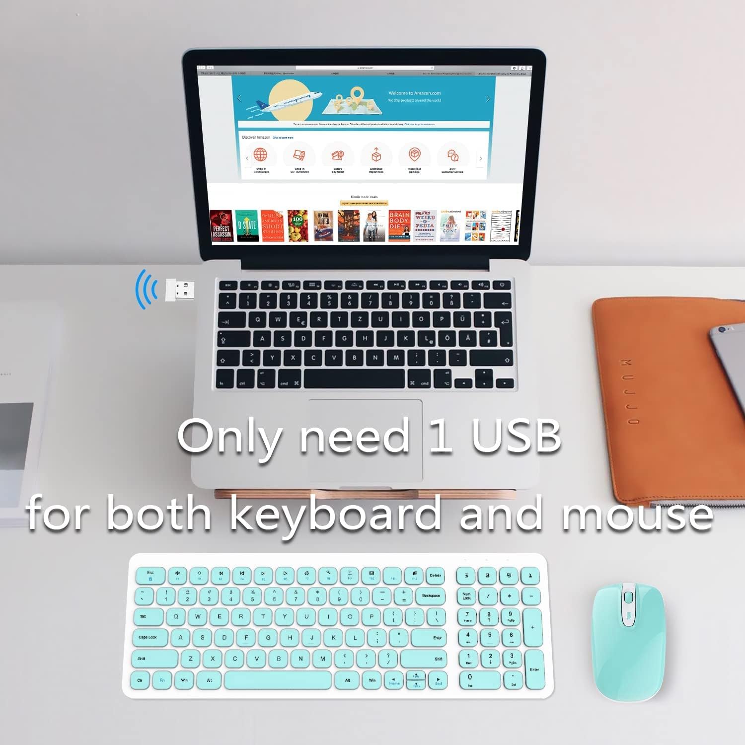 Wireless Keyboard and Mouse Combo, Ultra Thin Quiet Portable Wireless Keyboard and 2.4Ghz Wireless Mouse with Nano USB Receiver for Windows Laptop PC Notebook (White(Blue Keys))