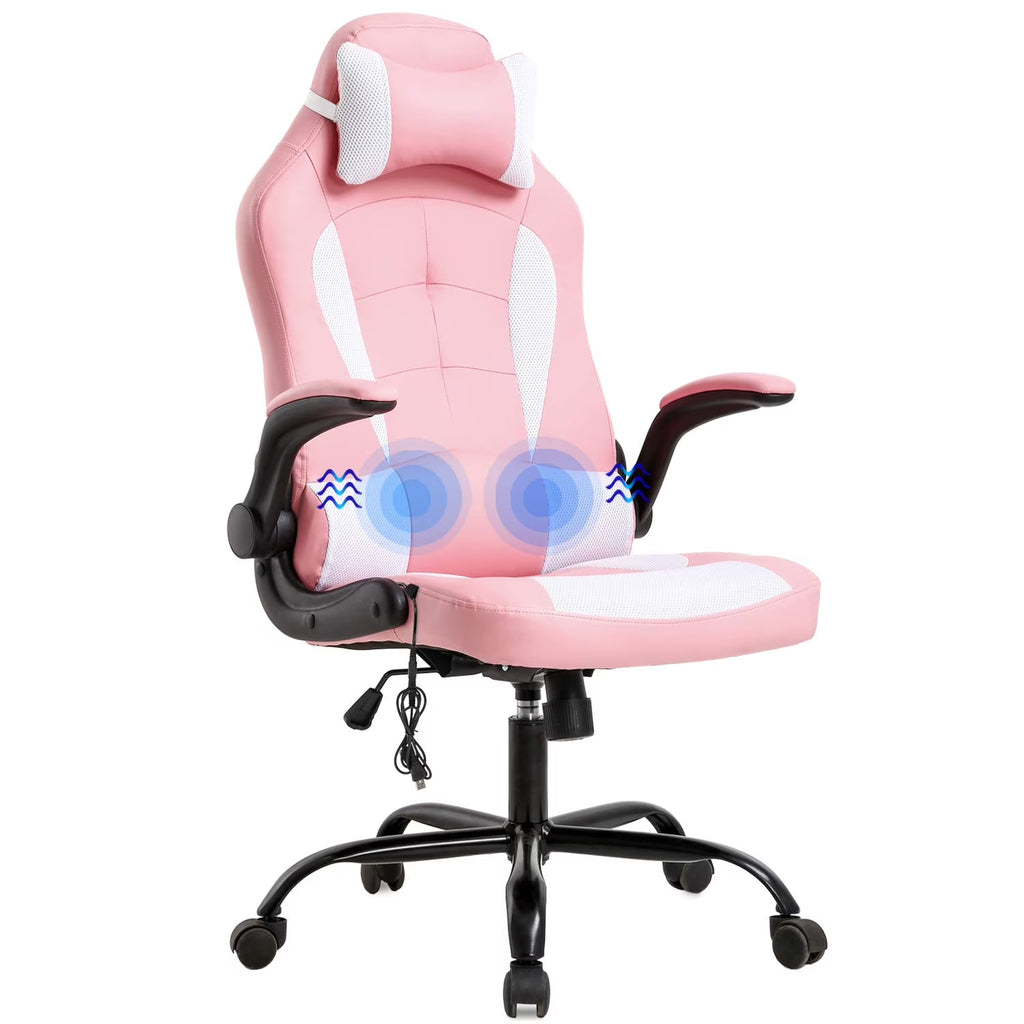 Massage Gaming Chair - Ergonomic PU Leather , Lumbar Support Office Chair for Girls，Pink