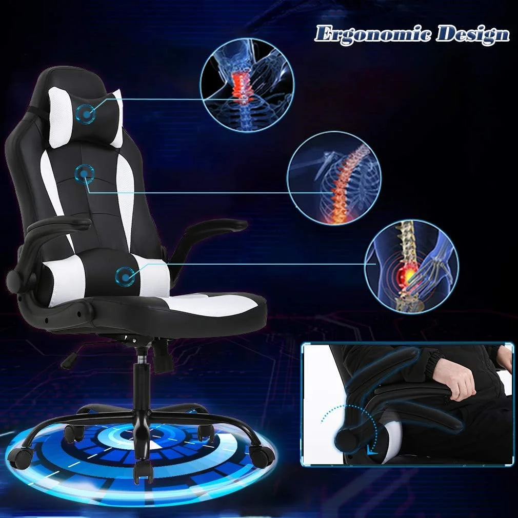 PU Leather Gaming Office Chair , Massage & Lumbar Support Desk Chair for Adults, White