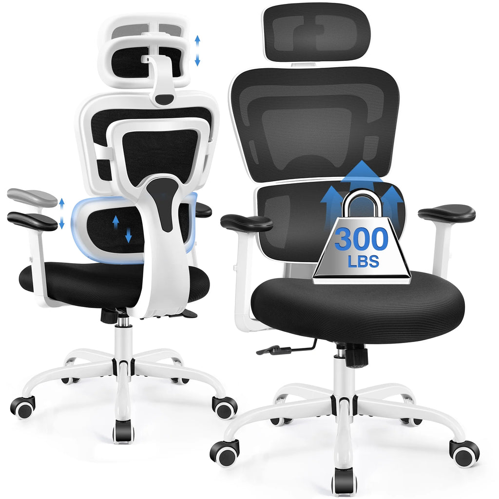 Ergonomic Office Chair, High Back Desk Chair, Breathable Mesh Computer Chair with Lumbar Support, Comfy Foam Cushion Home Office Chair, 300Lbs, White