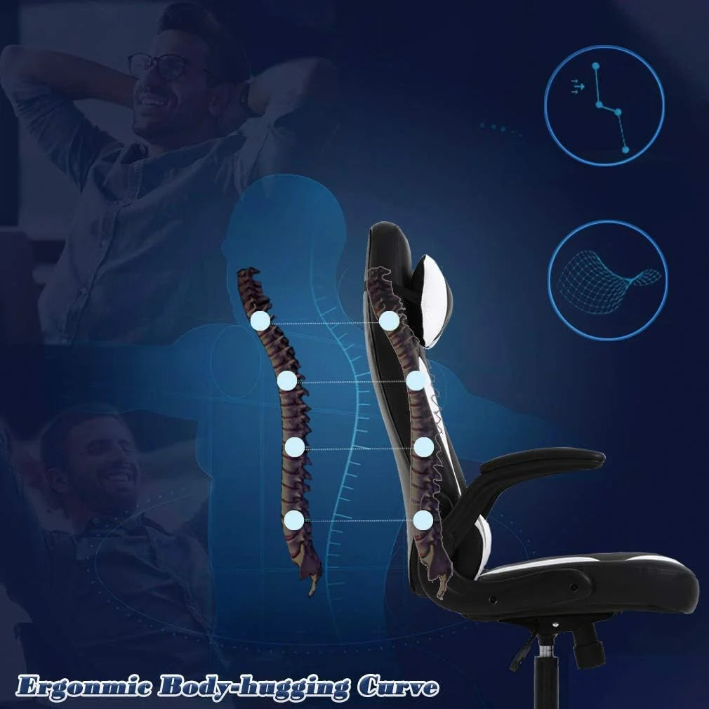 PU Leather Gaming Office Chair , Massage & Lumbar Support Desk Chair for Adults, White