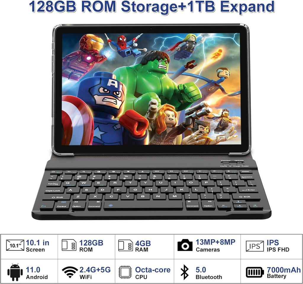 2024 Newest 2 in 1 Tablet, 10 Inch Tablet, 128GB Storage, 1TB Expand, Octa Core Android Tablet, Dual Camera 13MP, 2.4G/5G WIFI Tabelt, IPS FHD, with Stylus, Keyboard, Case, BT5.0, 7000Mah Battery, GPS