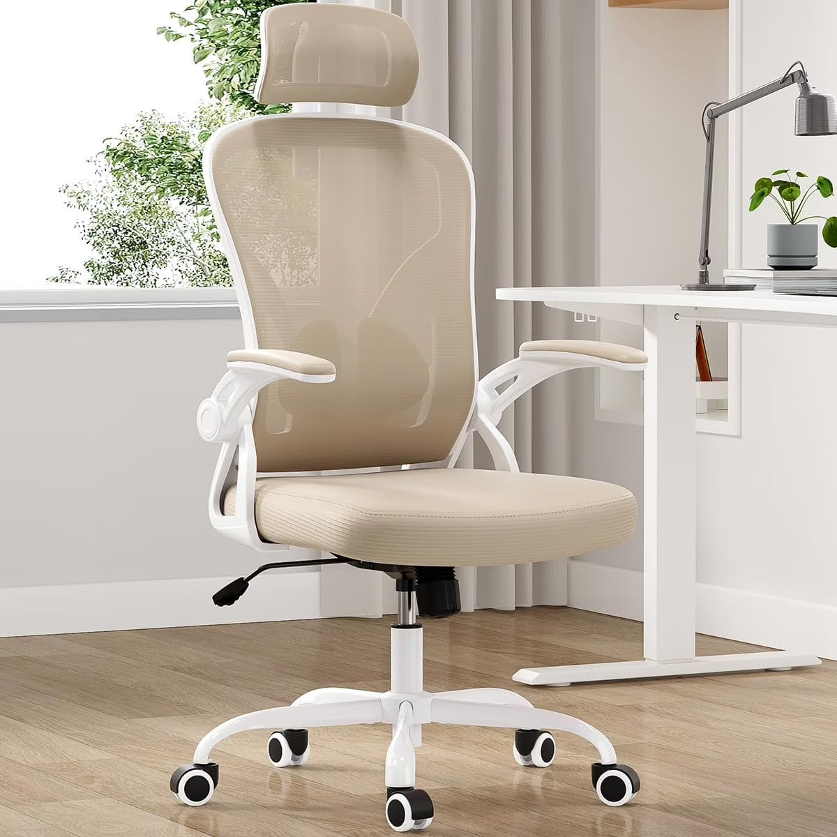 Ergonomic Office Chair, Home Office Desk Chair with Headrest, High Back Computer Chair with Armrests and Adjustable Lumbar Support for Home Office Study Bedroom, White & Khaki