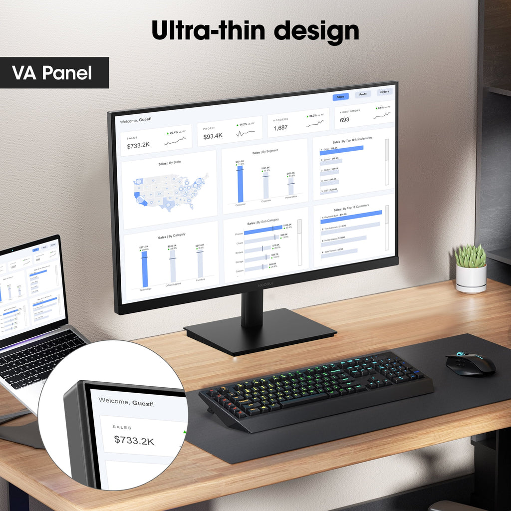24'' FHD 1920×1080P Computer Monitor, 100Hz PC Monitor, HDMI&VGA VESA, E2412F