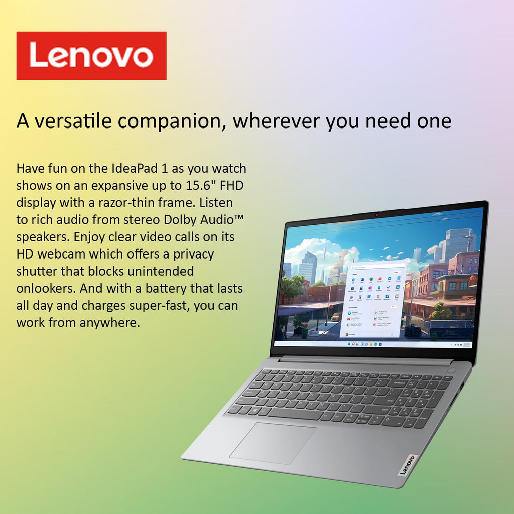 Ideapad 1 Laptop, 15.6" FHD, Intel Processor, 8GB RAM, 128GB SSD + 128GB Emmc, Windows 11 Home, Grey