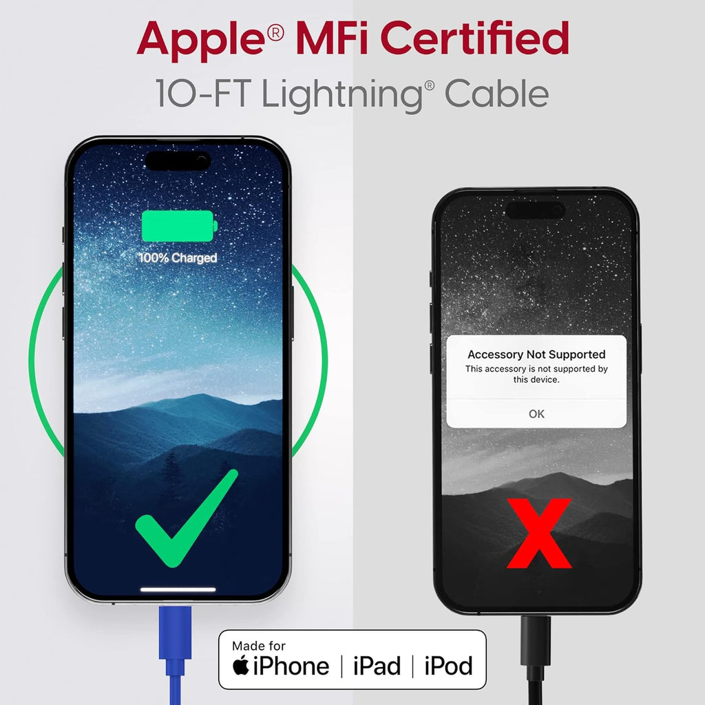 TALK WORKS Fast-Charge Lightning Cable - Mfi-Certified for Apple Iphone 13, 12, 11 Pro/Max/Mini, XR, Xs/Max, X, 8, 7, 6, 5, SE, Ipad, Airpods, Watch - 10Ft Long Fast Charger, Heavy-Duty Cord, Blue