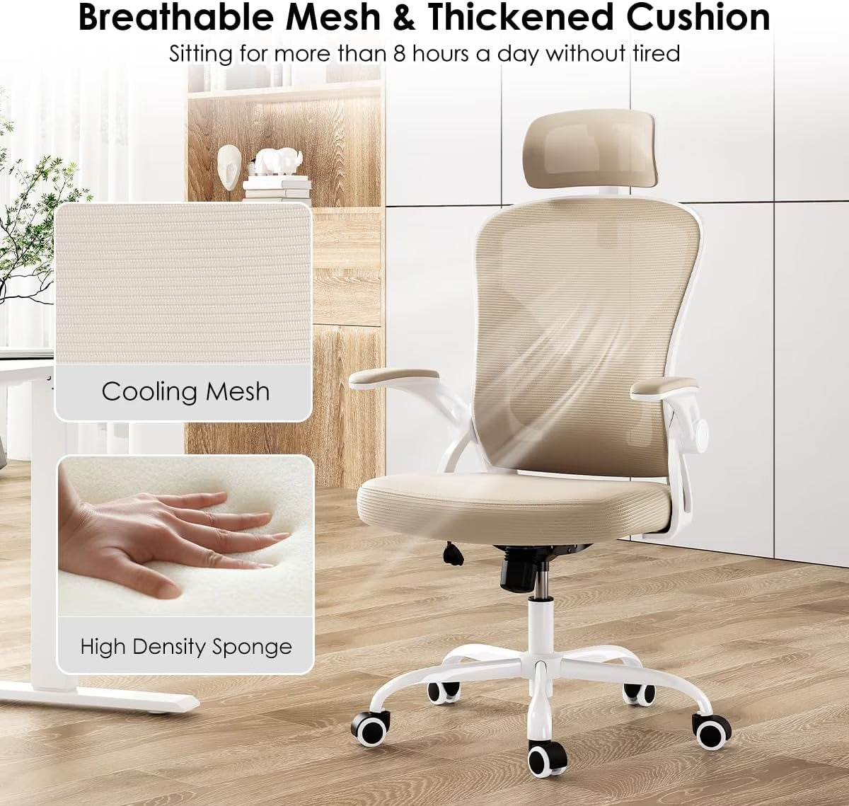 Ergonomic Office Chair, Home Office Desk Chair with Headrest, High Back Computer Chair with Armrests and Adjustable Lumbar Support for Home Office Study Bedroom, White & Khaki