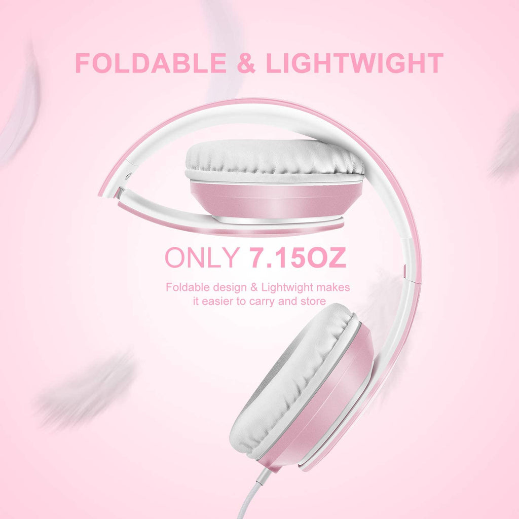 X6 Over-Ear Headphones with Microphone, Lightweight Foldable & Portable Stereo Bass Headphones with 1.45M No-Tangle, Wired Headphones for Smartphone Tablet MP3 / 4 (Pearl Pink)