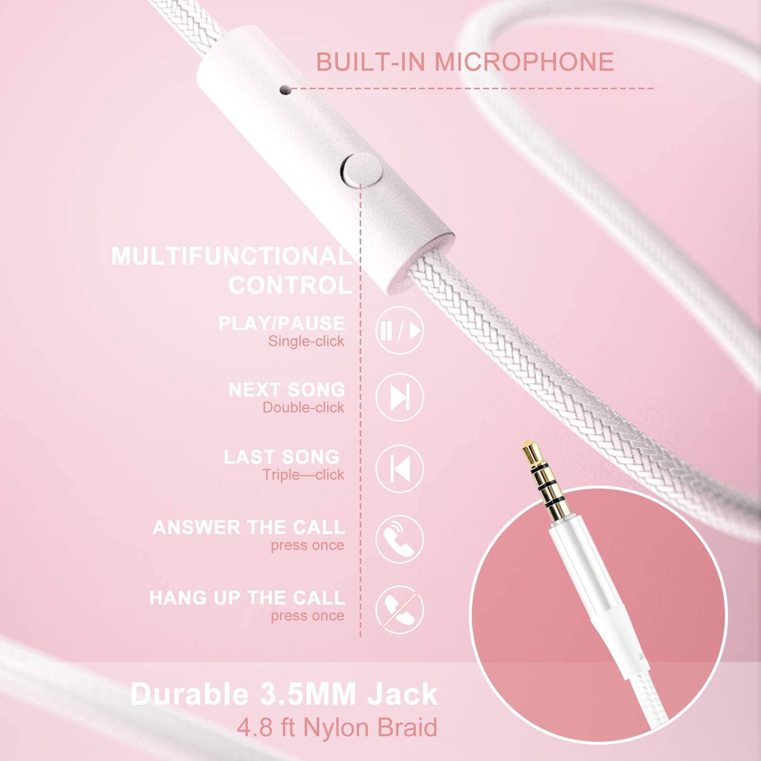 X6 Over-Ear Headphones with Microphone, Lightweight Foldable & Portable Stereo Bass Headphones with 1.45M No-Tangle, Wired Headphones for Smartphone Tablet MP3 / 4 (Pearl Pink)