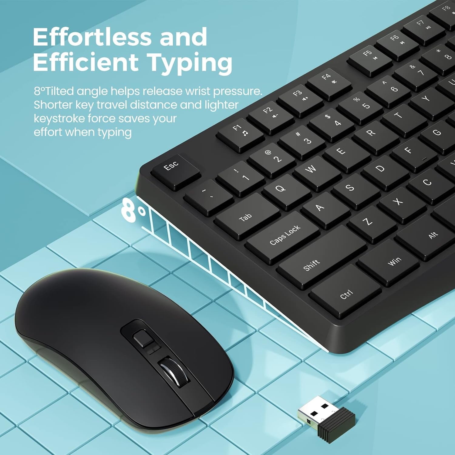 Wireless Keyboard and Mouse Combo, 104 Full-Size Adjustable Keyboard with Battery Indicator, Compact Computer Keyboard, Silent Mouse, 3 DPI, Easy to Use, for Windows, Chrome, Laptop, Computer