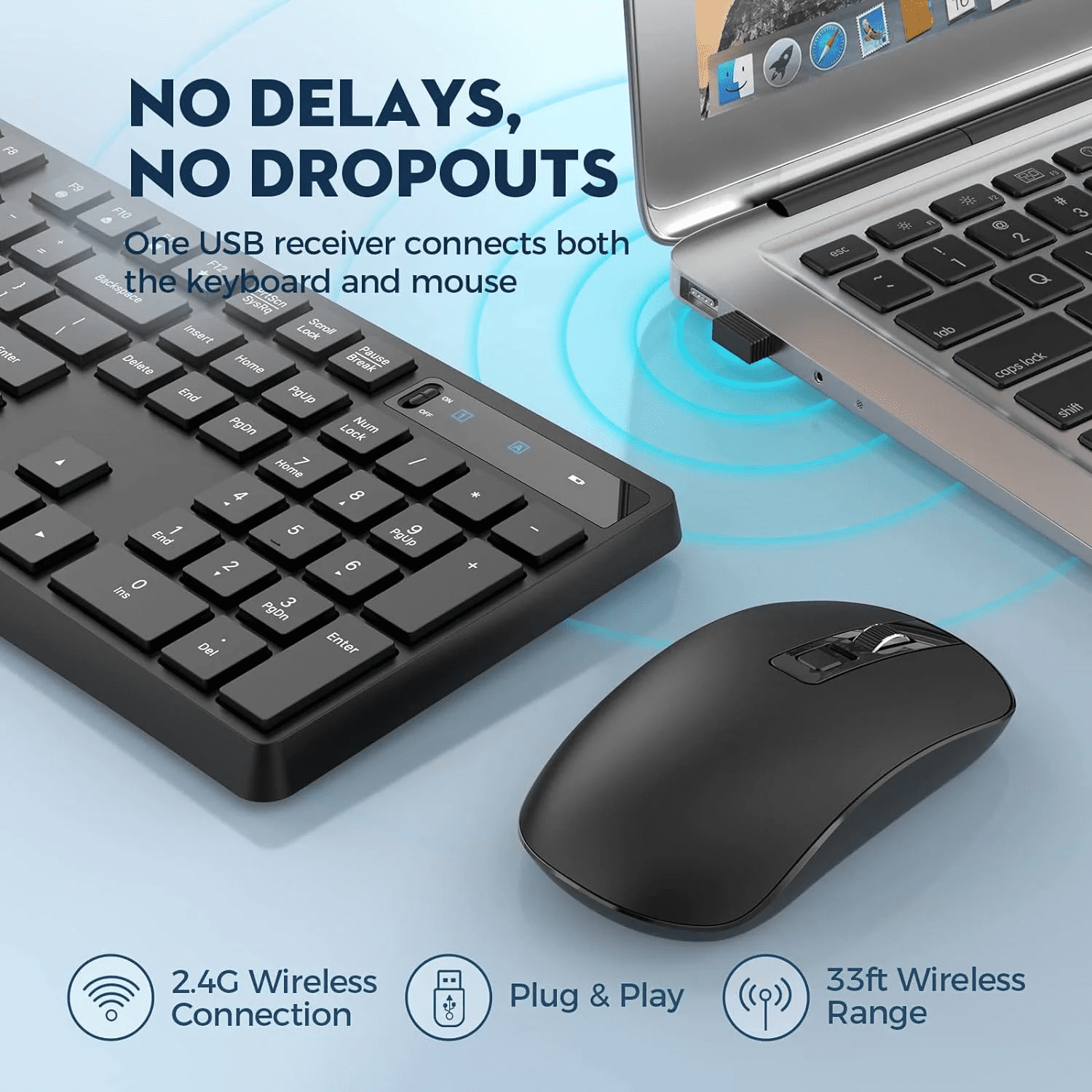 Wireless Keyboard and Mouse Combo, 104 Full-Size Adjustable Keyboard with Battery Indicator, Compact Computer Keyboard, Silent Mouse, 3 DPI, Easy to Use, for Windows, Chrome, Laptop, Computer