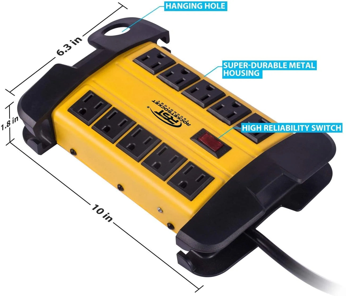 10 Outlets Metal Power Strip Heavy Duty Surge Protector 2800 Joules with 15FT Long Extension Cord for Workshop Office Garage Kitchen, ETL Listed