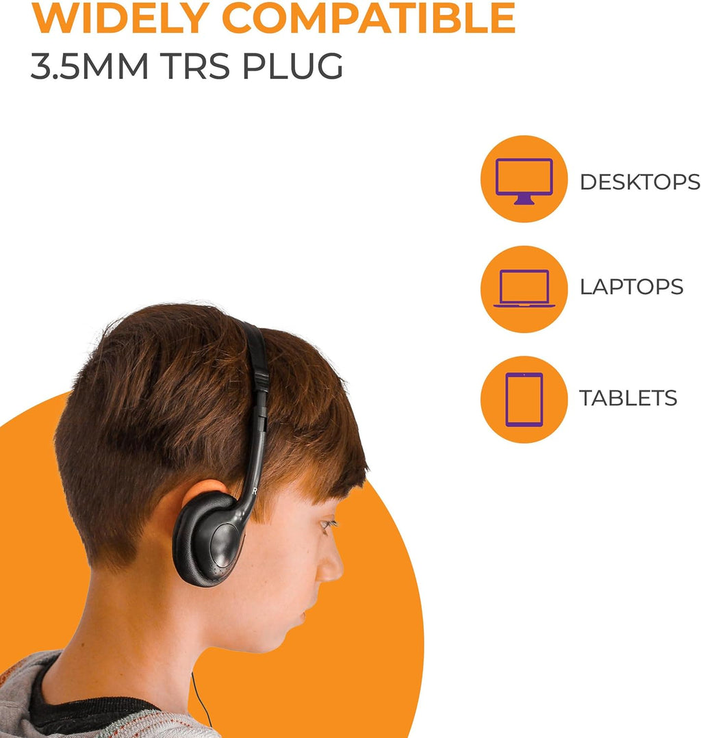 SNCCV Bulk Classroom Headphones 10 Pack – Stereo Headphones with Leatherette Earpads & Volume Control, Black – Ideal for Schools