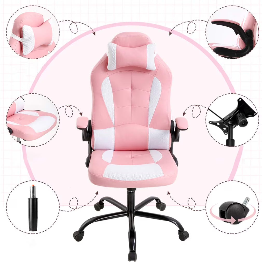 Massage Gaming Chair - Ergonomic PU Leather , Lumbar Support Office Chair for Girls，Pink