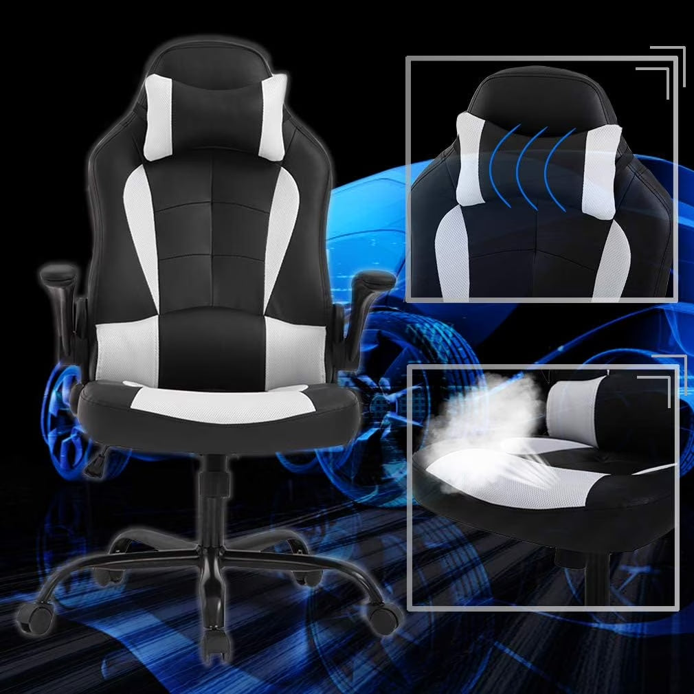 PU Leather Gaming Office Chair , Massage & Lumbar Support Desk Chair for Adults, White