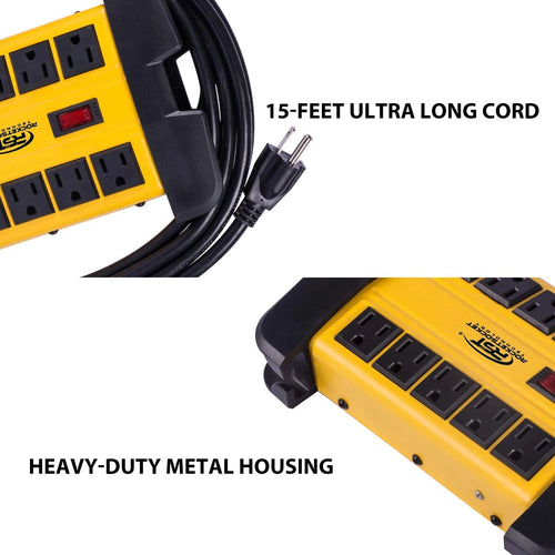 10 Outlets Metal Power Strip Heavy Duty Surge Protector 2800 Joules with 15FT Long Extension Cord for Workshop Office Garage Kitchen, ETL Listed
