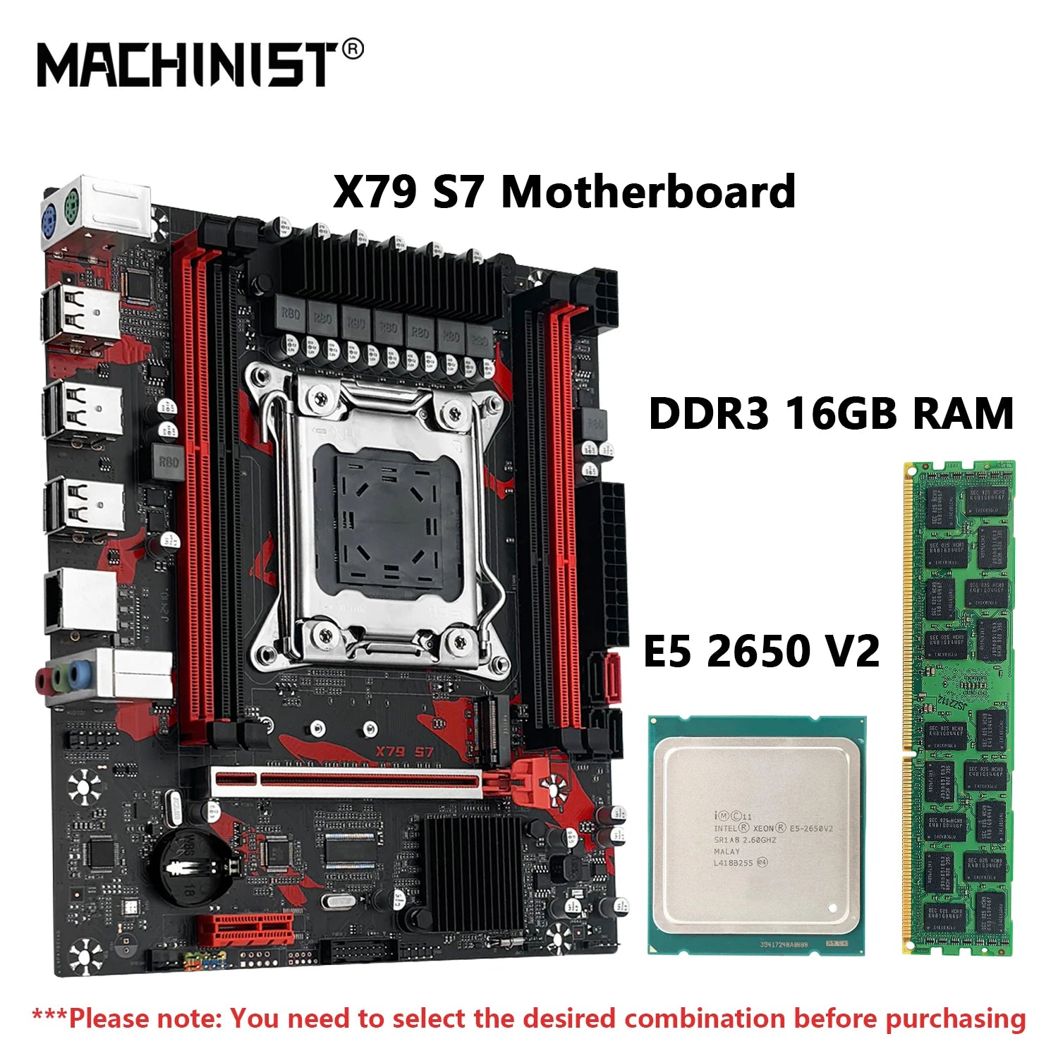 X79 S7 Motherboard Combo Optional LGA 2011 Intel Xeon E5 2650 V2 CPU or DDR3 1*16GB RAM Kit Set Support NVME M.2 Slot