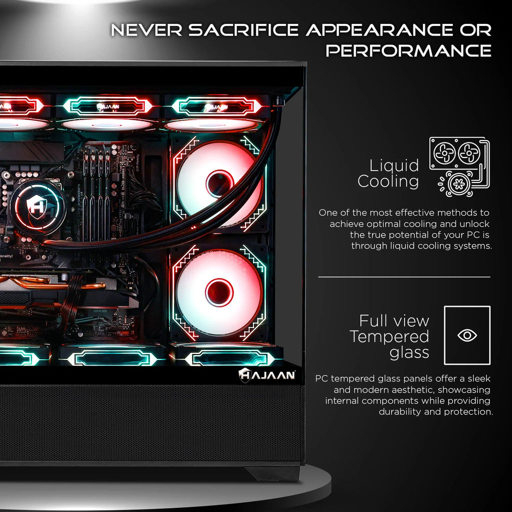 HAJAAN Superx Liquid Cooled Gaming PC Tower Desktop - MSI 27-Inch Curved Gaming Monitor Combo - 32GB DDR4 RAM - 1TB Nvme SSD - Wifi 6 - Bluetooth - Windows 11 Pro