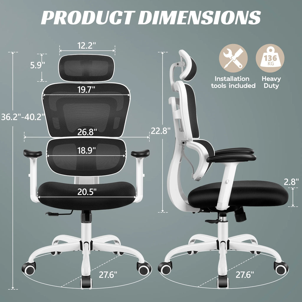 Ergonomic Office Chair, High Back Desk Chair, Breathable Mesh Computer Chair with Lumbar Support, Comfy Foam Cushion Home Office Chair, 300Lbs, White